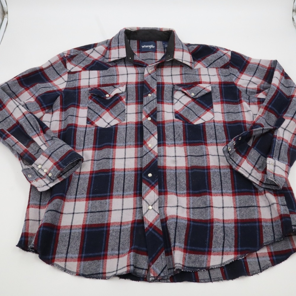Wrangler Western Flannel Shirt Mens XXL Navy Red Plaid Pearl Snap Raw Hem